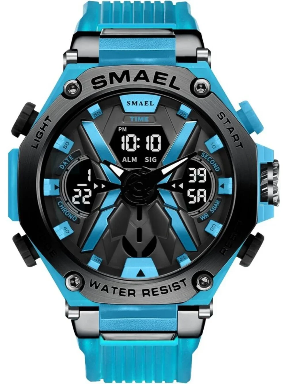 Men's Sky Blue Analog Quartz Sports Waterproof Military Alarm LED Digital Watch